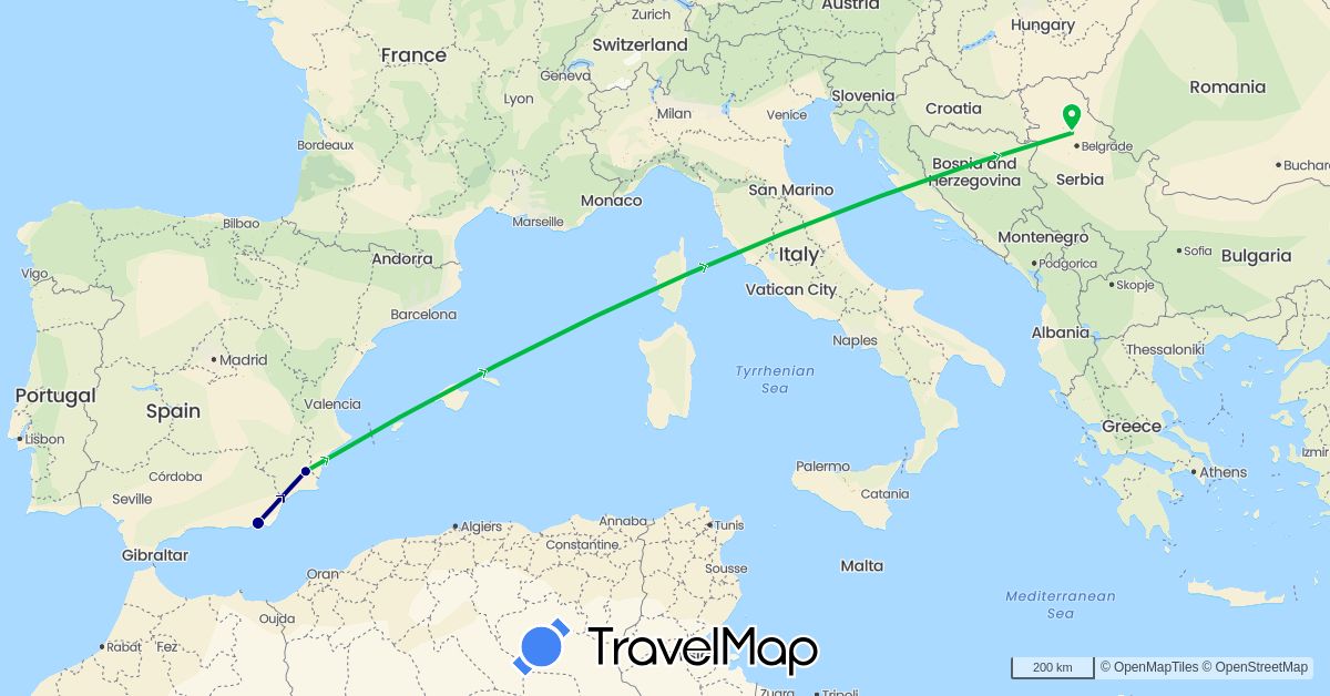 TravelMap itinerary: driving, bus in Spain, Serbia (Europe)